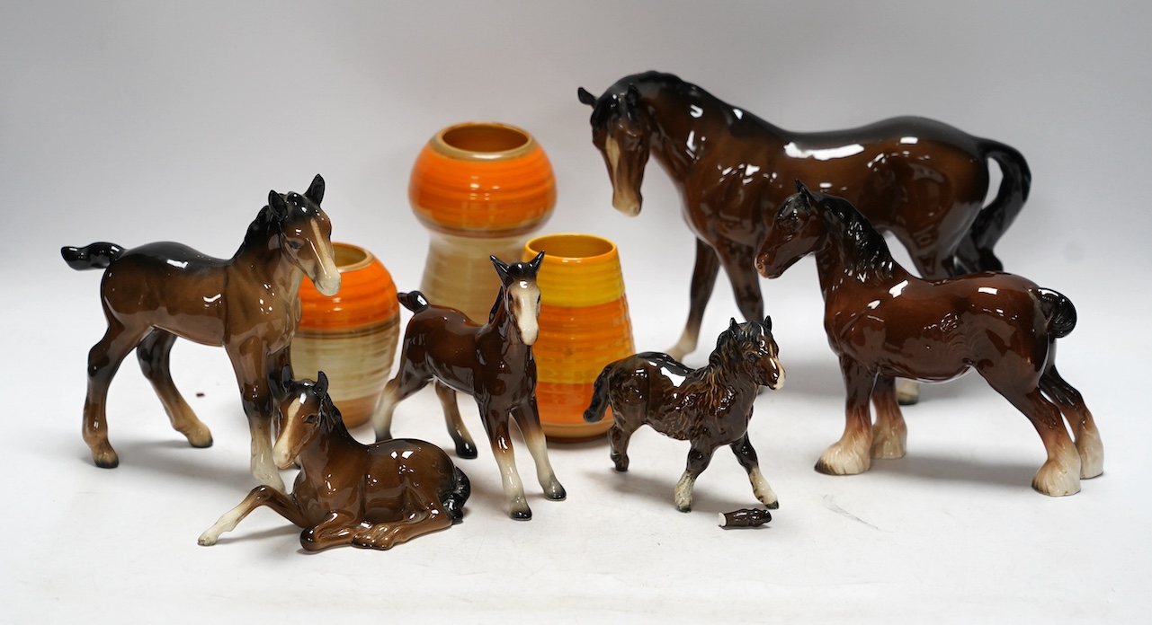 Three Shelley vases and six Beswick horses and a Canton cased teapot, teapot 14cm high. Condition - poor to fair